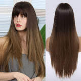 Synthetic Wig Long with Bangs Dark Root Ombre Color Natural Headline Heat Resistant Hair Wigs