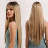Synthetic Wig Long with Bangs Dark Root Ombre Color Natural Headline Heat Resistant Hair Wigs