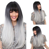 Synthetic Wig Long with Bangs Dark Root Ombre Color Natural Headline Heat Resistant Hair Wigs