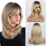 Synthetic Wig Long with Bangs Dark Root Ombre Color Natural Headline Heat Resistant Hair Wigs
