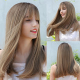 Synthetic Wig Long with Bangs Dark Root Ombre Color Natural Headline Heat Resistant Hair Wigs