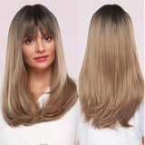 Synthetic Wig Long with Bangs Dark Root Ombre Color Natural Headline Heat Resistant Hair Wigs