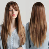 Synthetic Wig Long with Bangs Dark Root Ombre Color Natural Headline Heat Resistant Hair Wigs