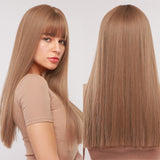Synthetic Wig Long with Bangs Dark Root Ombre Color Natural Headline Heat Resistant Hair Wigs