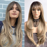Synthetic Wig Long with Bangs Dark Root Ombre Color Natural Headline Heat Resistant Hair Wigs