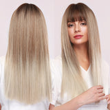 Synthetic Wig Long with Bangs Dark Root Ombre Color Natural Headline Heat Resistant Hair Wigs