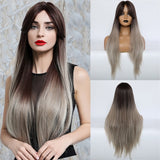 Synthetic Wig Long with Bangs Dark Root Ombre Color Natural Headline Heat Resistant Hair Wigs
