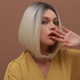 Short Straight Bob Front Lace Wig Black Gradient Gold Natural Middle Part Hair