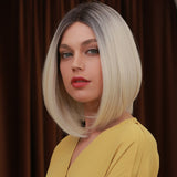 Short Straight Bob Front Lace Wig Black Gradient Gold Natural Middle Part Hair
