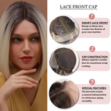 Short Straight Bob Front Lace Wig Black Gradient Gold Natural Middle Part Hair