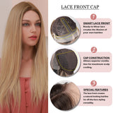 Long Straight Front Lace Wig Lace Part Synthetic Brown Blonde Ombre Middle Part Wig