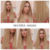 Long Straight Front Lace Wig Lace Part Synthetic Brown Blonde Ombre Middle Part Wig