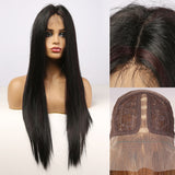 Long Straight Front Lace Wig Heat Resistant Black Highlight Middle Part Lace Part Synthetic Wigs